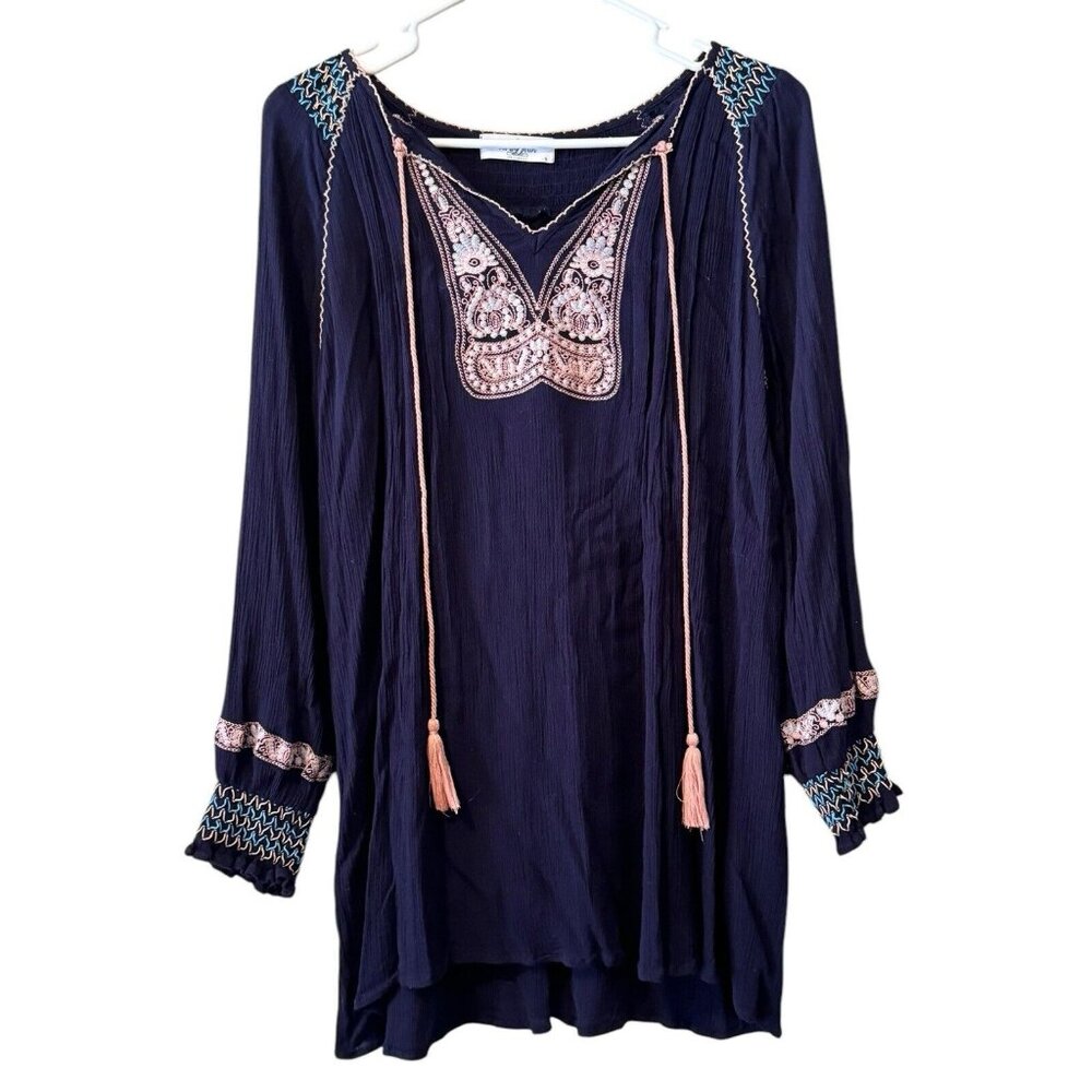 Carly Jean Los Angeles Peasant Boho Blouse Top Blue V-Neck L/Sleeve Tunic Sz S